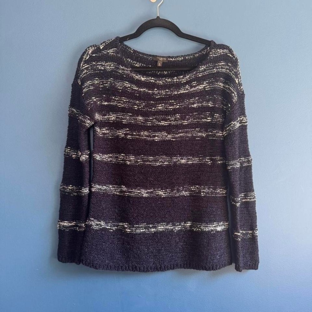 Talbots Stripe Sweater Women's Size Small Petite Blue White Drop Shoulder Knit